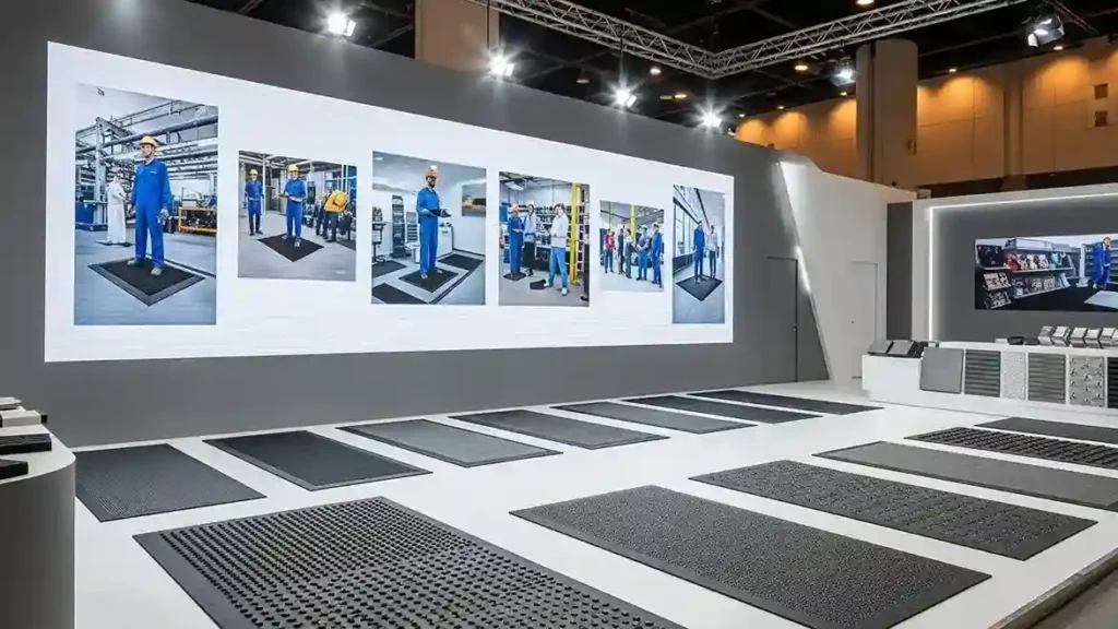 Workers using anti-fatigue mats in Dubai installation